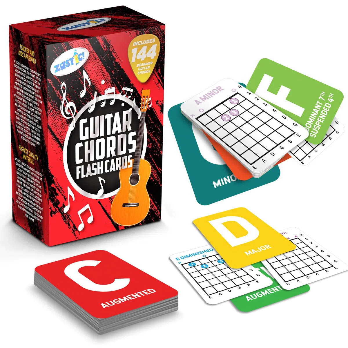 Zastic! Tarjetas flash de acordes de guitarra, 144 tarjetas flash de acordes, notas de guitarra, herramienta de entrenamiento de diapasón