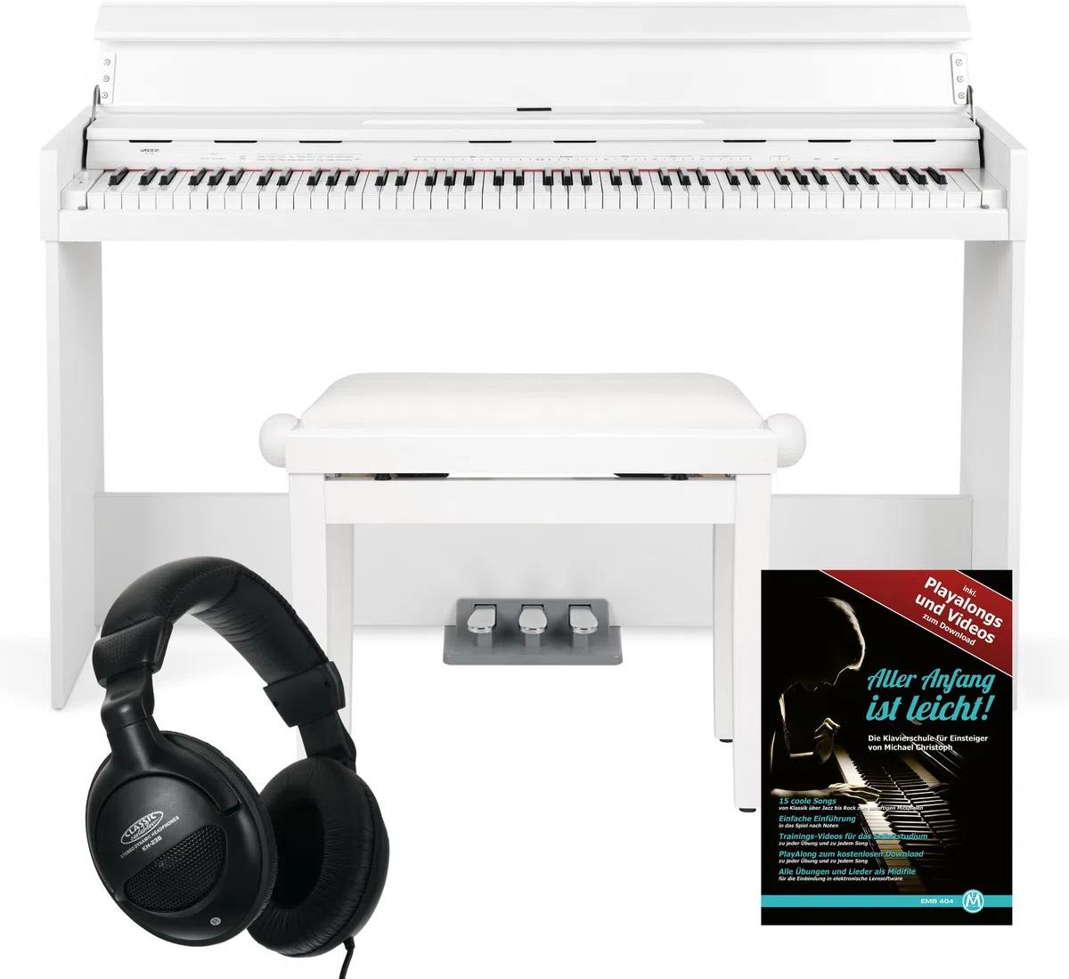 Funkey DP-1088 WM Piano digital set - 88 teclas teclado delgado sensibles al tacto - 20 sonidos, incluida pedalera - Con banco y auriculares - Blanco mate