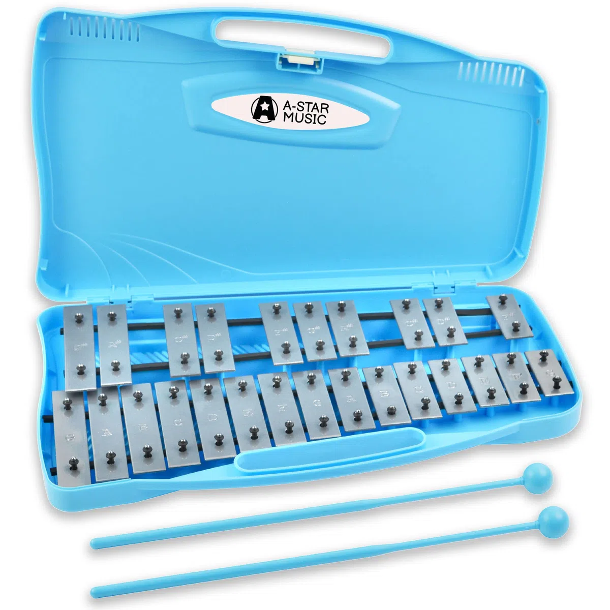 A-Star Xilófono Glockenspiel cromático soprano de 25 notas en estuche azul con teclas plateadas y dos batidores de plástico - 2 octavas G5 a G7
