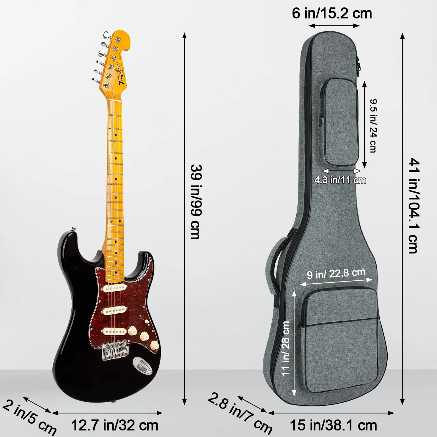 Bolsa de guitarra eléctrica, 39 40 pulgadas, bolsa de guitarra eléctrica, funda acolchada de 0.4 pulgadas de grosor, resistente al agua con dos bolsillos, almohadilla protectora para el cuello, gris